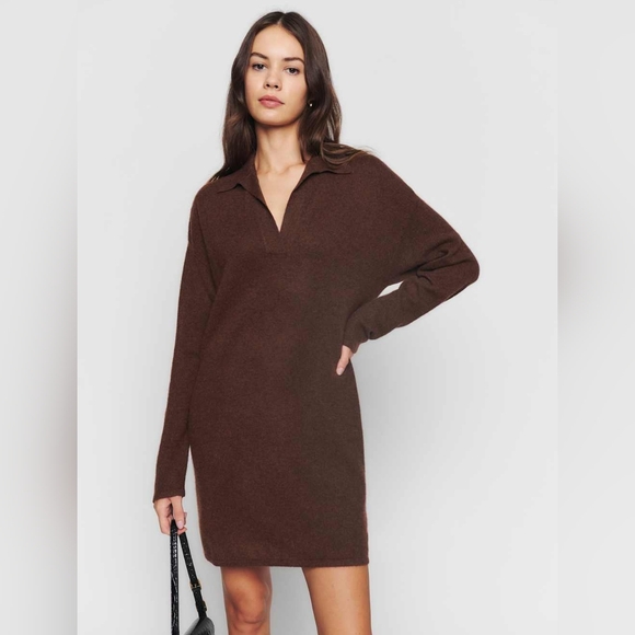 Reformation Doreen 100% Cashmere Polo Sweater Dress Brown Collar Small S - Picture 2 of 10